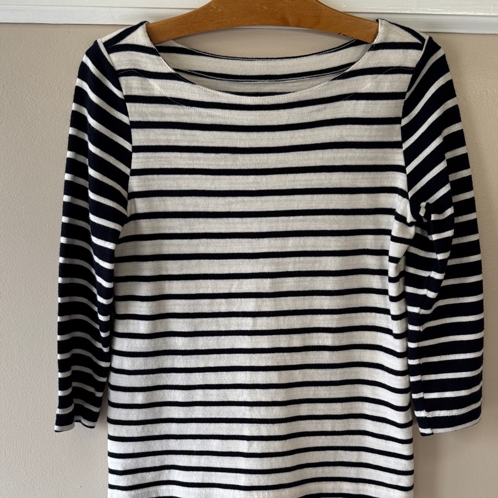 LOFT Black and White Striped Boatneck 3/4 Sleeve Top